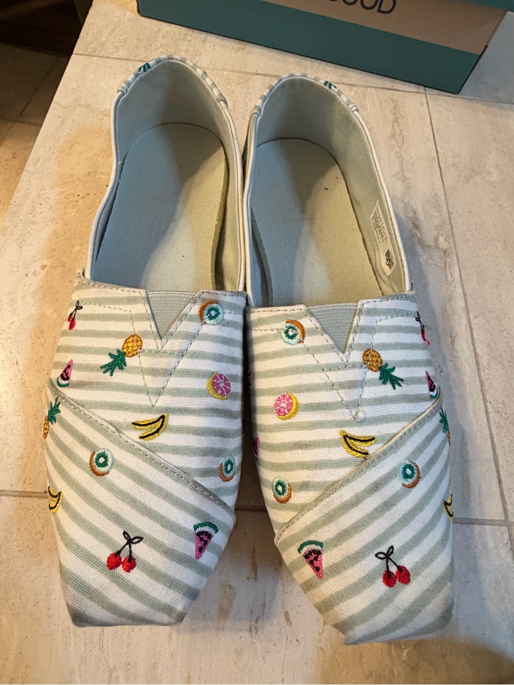 Toms Women's Light Green Stripe Espadrilles with Multicolor Fruit Embroidery